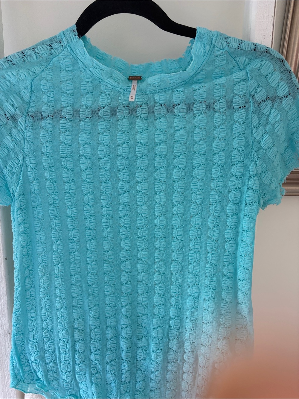 Free People Aqua Crochet-Style Short Sleeve Tee